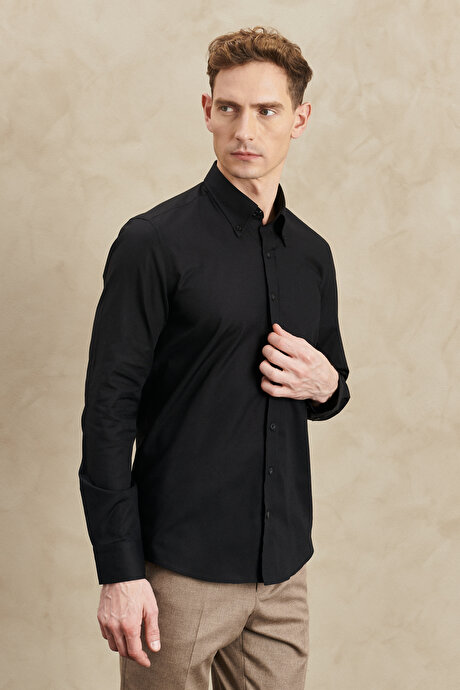 Slim Fit Dar Kesim %100 Pamuk Düğmeli Yaka Oxford Siyah Gömlek resmi