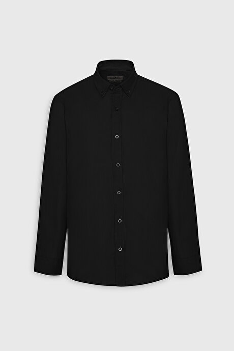 Slim Fit Dar Kesim %100 Pamuk Düğmeli Yaka Oxford Siyah Gömlek resmi
