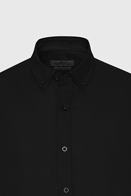 Slim Fit Dar Kesim %100 Pamuk Düğmeli Yaka Oxford Siyah Gömlek resmi