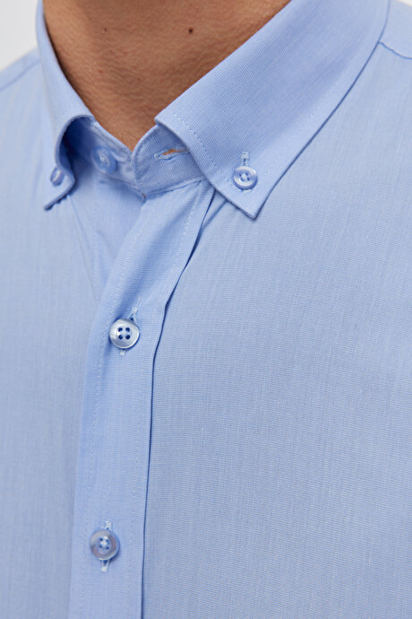 Slim Fit Dar Kesim Düğmeli Yaka Desenli Mavi Gömlek resmi