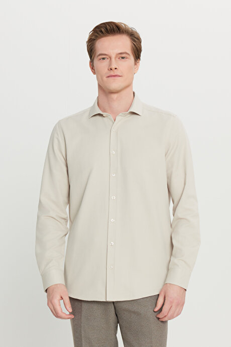 Kolay Ütülenebilir Slim Fit Dar Kesim İtalyan Yaka Armürlü Basic Bej Gömlek resmi