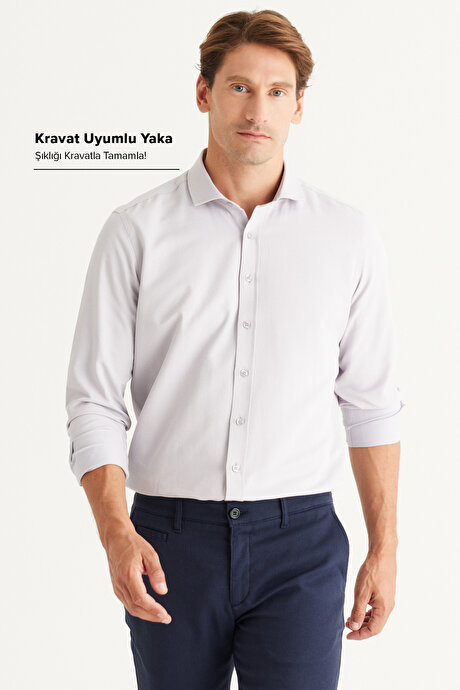 Kolay Ütülenebilir Slim Fit Dar Kesim İtalyan Yaka Armürlü Basic Gri Gömlek resmi