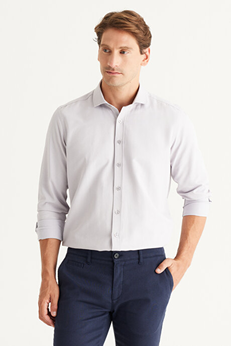 Kolay Ütülenebilir Slim Fit Dar Kesim İtalyan Yaka Armürlü Basic Gri Gömlek resmi