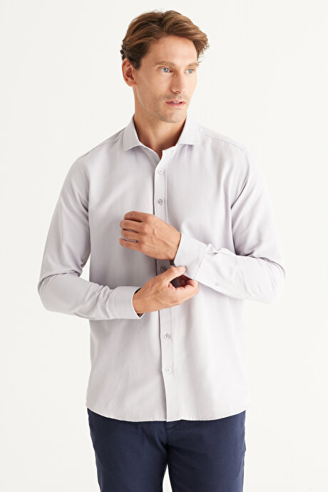 Kolay Ütülenebilir Slim Fit Dar Kesim İtalyan Yaka Armürlü Basic Gri Gömlek resmi