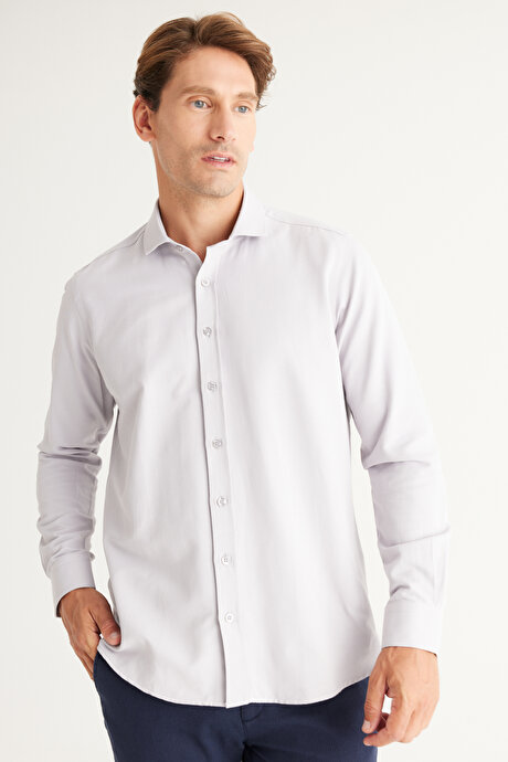 Kolay Ütülenebilir Slim Fit Dar Kesim İtalyan Yaka Armürlü Basic Gri Gömlek resmi