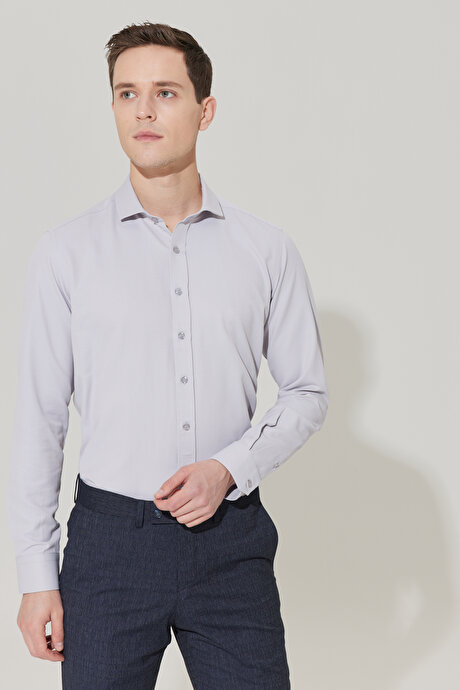 Kolay Ütülenebilir Slim Fit Dar Kesim İtalyan Yaka Armürlü Gri Gömlek resmi