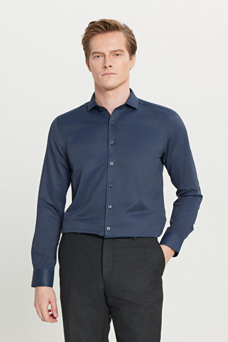 Kolay Ütülenebilir Slim Fit Dar Kesim İtalyan Yaka Armürlü Basic Lacivert Gömlek resmi