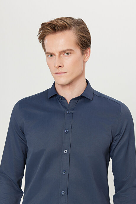 Kolay Ütülenebilir Slim Fit Dar Kesim İtalyan Yaka Armürlü Basic Lacivert Gömlek resmi