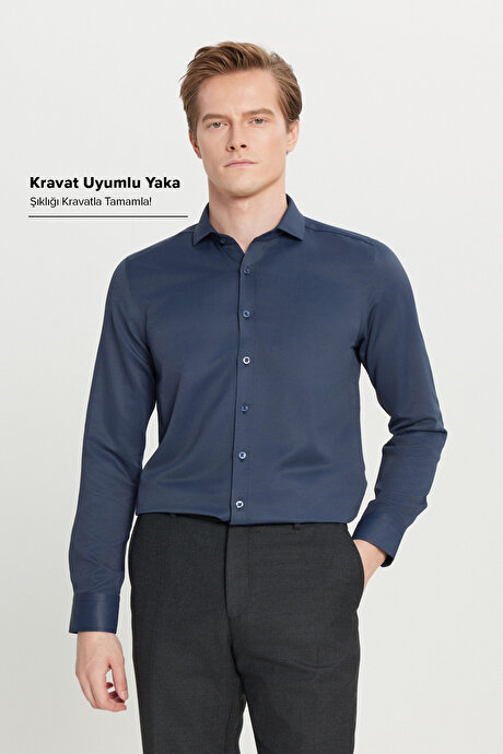 Kolay Ütülenebilir Slim Fit Dar Kesim İtalyan Yaka Armürlü Basic Lacivert Gömlek resmi