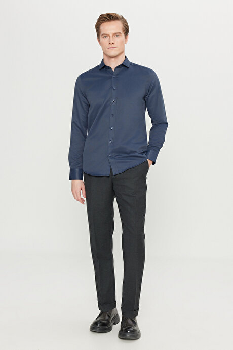 Kolay Ütülenebilir Slim Fit Dar Kesim İtalyan Yaka Armürlü Basic Lacivert Gömlek resmi