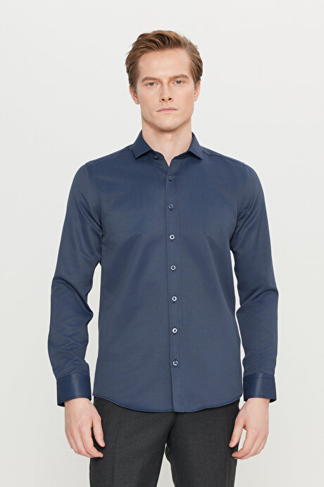Kolay Ütülenebilir Slim Fit Dar Kesim İtalyan Yaka Armürlü Basic Lacivert Gömlek resmi