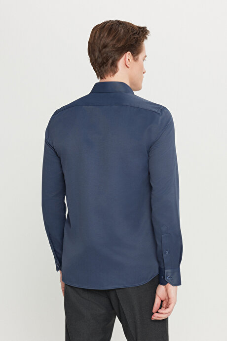 Kolay Ütülenebilir Slim Fit Dar Kesim İtalyan Yaka Armürlü Basic Lacivert Gömlek resmi