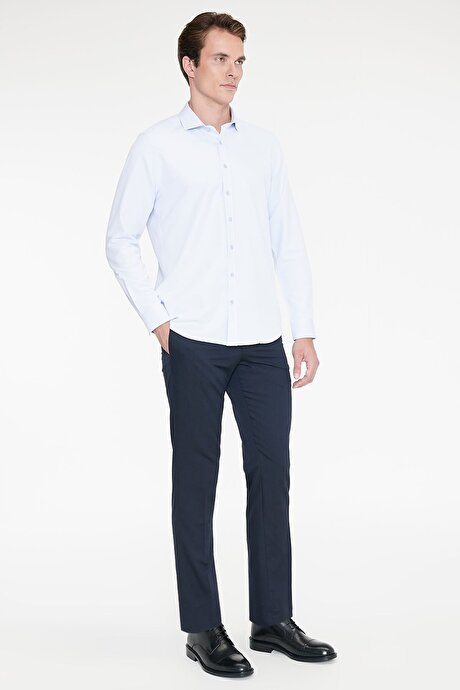 Kolay Ütülenebilir Slim Fit Dar Kesim İtalyan Yaka Armürlü Basic Mavi Gömlek resmi