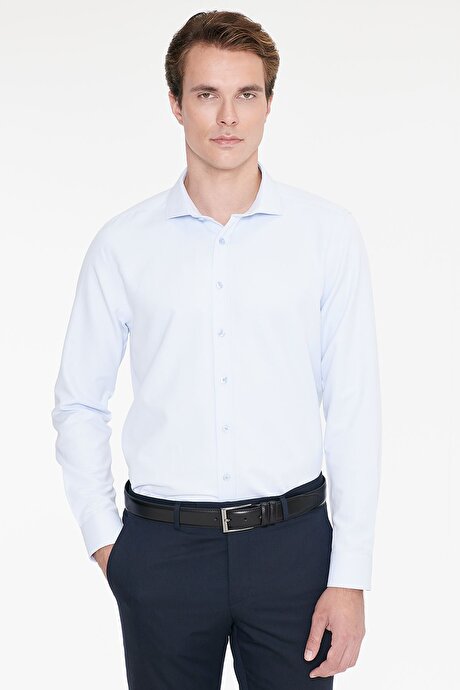 Kolay Ütülenebilir Slim Fit Dar Kesim İtalyan Yaka Armürlü Basic Mavi Gömlek resmi