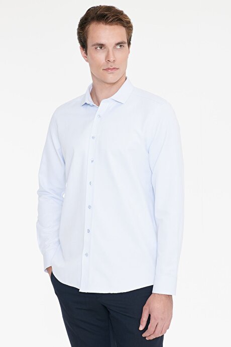 Kolay Ütülenebilir Slim Fit Dar Kesim İtalyan Yaka Armürlü Basic Mavi Gömlek resmi