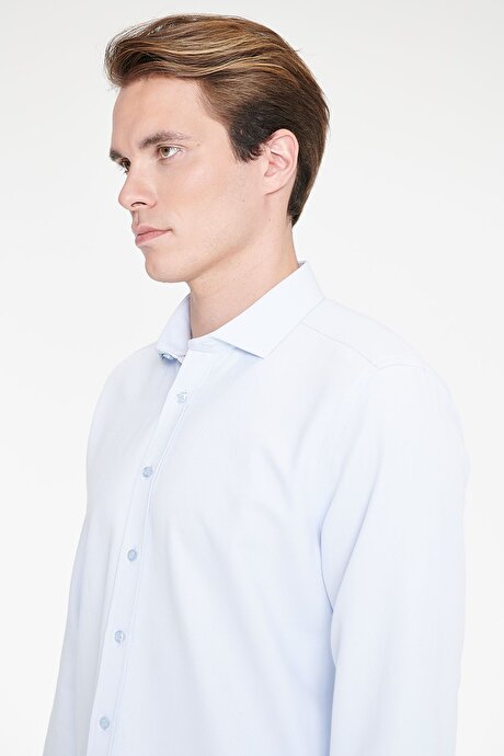 Kolay Ütülenebilir Slim Fit Dar Kesim İtalyan Yaka Armürlü Basic Mavi Gömlek resmi