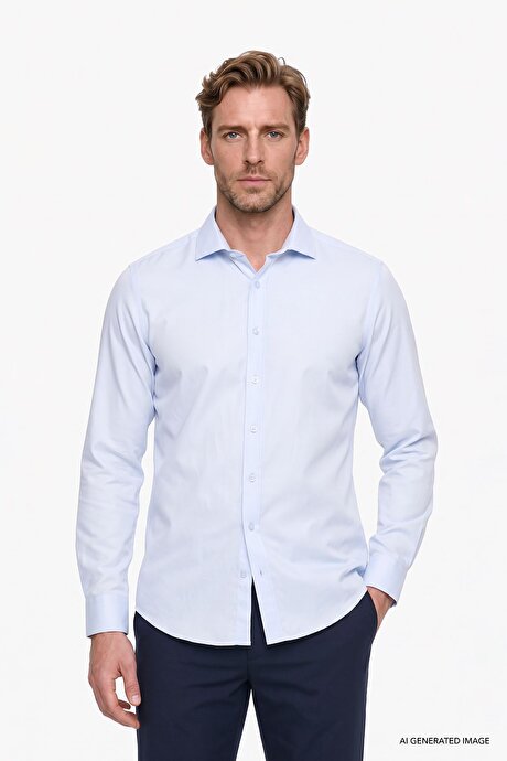 Kolay Ütülenebilir Slim Fit Dar Kesim İtalyan Yaka Armürlü Basic Mavi Gömlek resmi