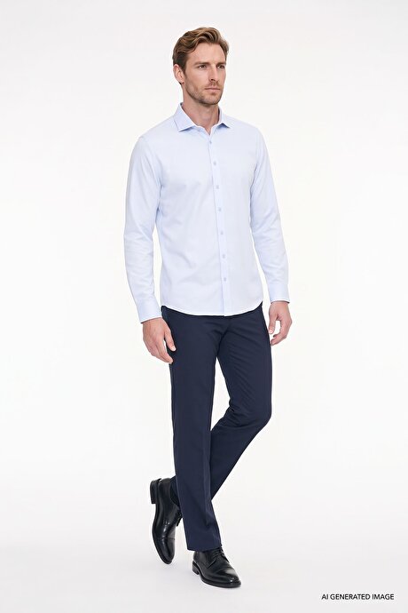 Kolay Ütülenebilir Slim Fit Dar Kesim İtalyan Yaka Armürlü Basic Mavi Gömlek resmi