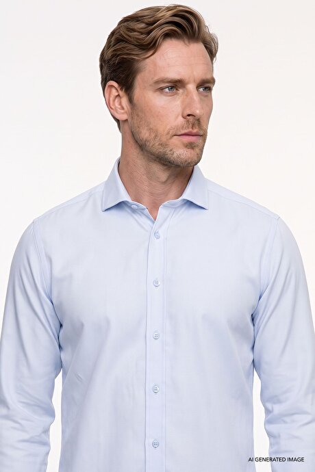 Kolay Ütülenebilir Slim Fit Dar Kesim İtalyan Yaka Armürlü Basic Mavi Gömlek resmi