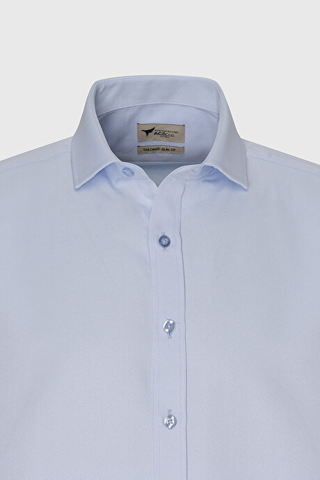 Kolay Ütülenebilir Slim Fit Dar Kesim İtalyan Yaka Armürlü Basic Mavi Gömlek resmi