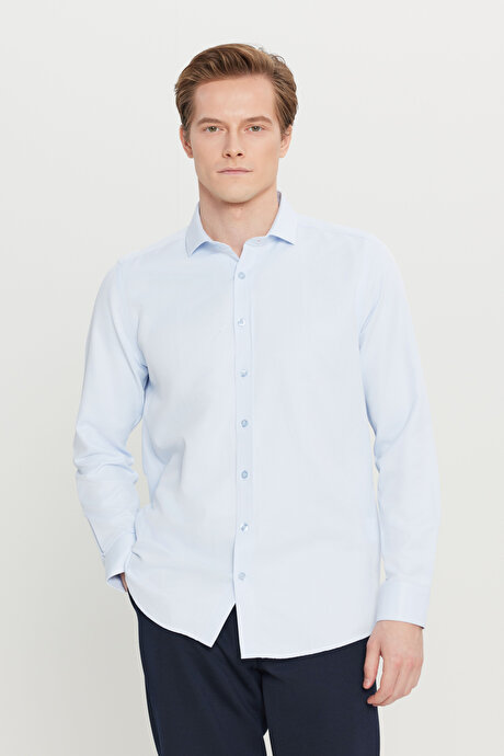 Kolay Ütülenebilir Slim Fit Dar Kesim İtalyan Yaka Armürlü Basic Mavi Gömlek resmi