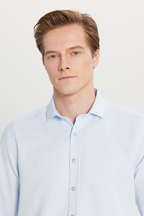 Kolay Ütülenebilir Slim Fit Dar Kesim İtalyan Yaka Armürlü Basic Mavi Gömlek resmi