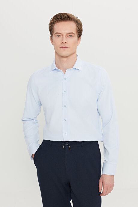 Kolay Ütülenebilir Slim Fit Dar Kesim İtalyan Yaka Armürlü Basic Mavi Gömlek resmi
