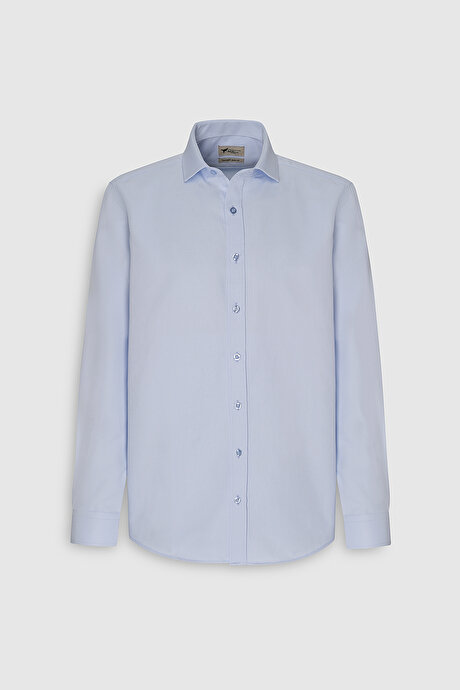 Kolay Ütülenebilir Slim Fit Dar Kesim İtalyan Yaka Armürlü Basic Mavi Gömlek resmi