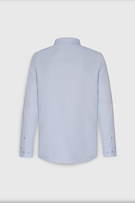 Kolay Ütülenebilir Slim Fit Dar Kesim İtalyan Yaka Armürlü Basic Mavi Gömlek resmi