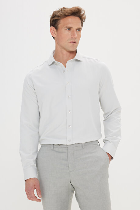 Kolay Ütülenebilir Slim Fit Dar Kesim İtalyan Yaka Armürlü Basic MINT YESIL Gömlek resmi