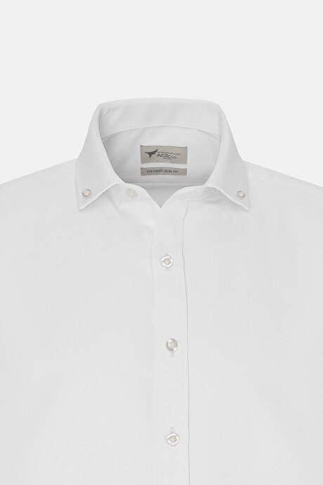 Slim Fit Dar Kesim Oxford Düğmeli Yaka Armürlü Pamuklu Beyaz Gömlek resmi
