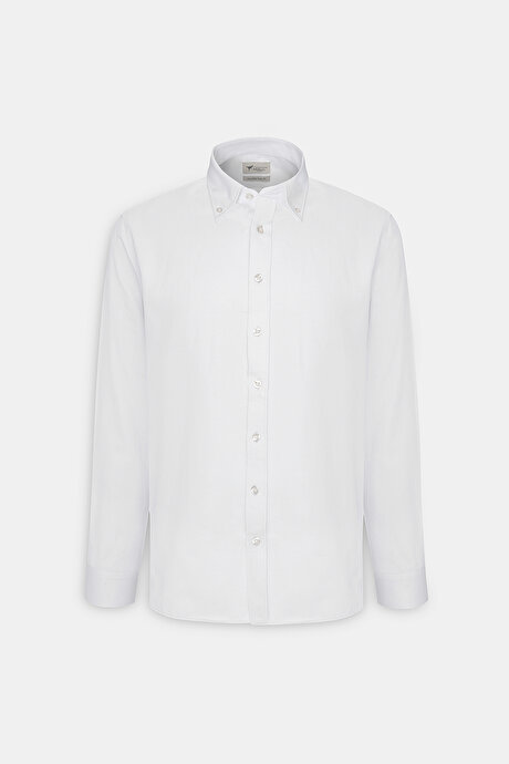 Kolay Ütülenebilir Pamuklu Slim Fit Dar Kesim Düğmeli Yaka Oxford Armürlü Basic Beyaz Gömlek resmi