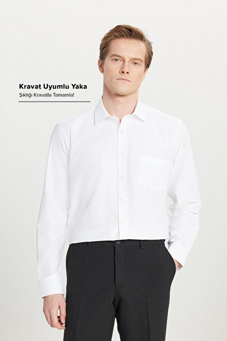Kolay Ütülenebilir Non-Iron Pamuklu Comfort Fit Geniş Kesim Klasik Yaka Beyaz Gömlek resmi