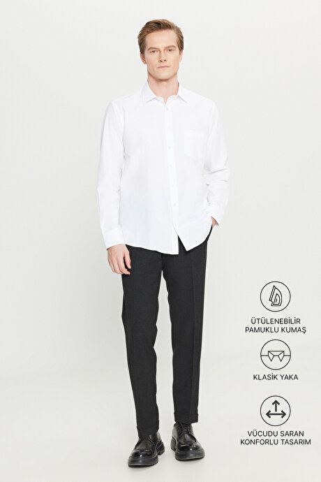 Kolay Ütülenebilir Non-Iron Pamuklu Comfort Fit Geniş Kesim Klasik Yaka Beyaz Gömlek resmi