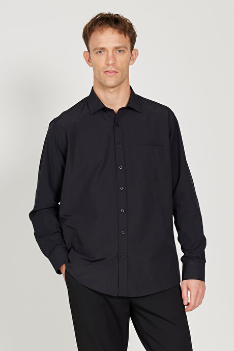 Kolay Ütülenebilir Comfort Fit Rahat Kesim Klasik Yaka Klasik Siyah Gömlek resmi