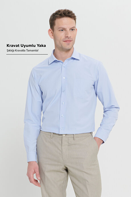 Kolay Ütülenebilir Non-Iron Pamuklu Comfort Fit Geniş Kesim Klasik Yaka Açık Mavi Gömlek resmi