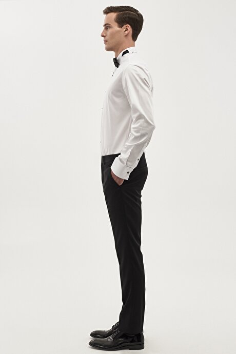 Slim Fit Dar Kesim %100 Pamuk Uzun Kollu Beyaz-Siyah Gömlek resmi