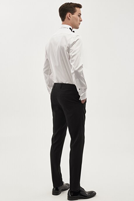 Kolay Kırışmayan Slim Fit Dar Kesim %100 Pamuk Şerit Detaylı Ata Yaka Beyaz-Siyah Gömlek resmi