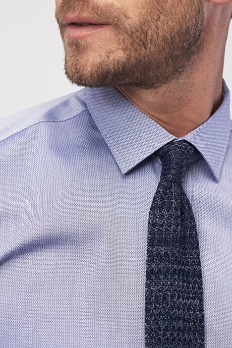 Ütü Gerektirmeyen Non-Iron Slim Fit Dar Kesim %100 Pamuk Armürlü Mavi Gömlek resmi