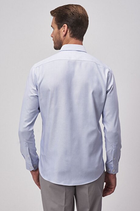 Ütü Gerektirmeyen Non-Iron Slim Fit Dar Kesim %100 Pamuk Klasik Yaka Çizgili Mavi-Beyaz Gömlek resmi