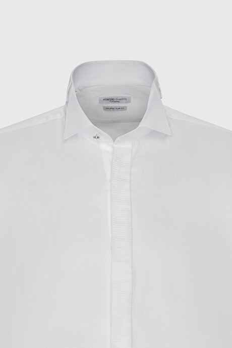 Slim Fit Dar Kesim Ata Yaka %100 Pamuk Beyaz Gömlek resmi
