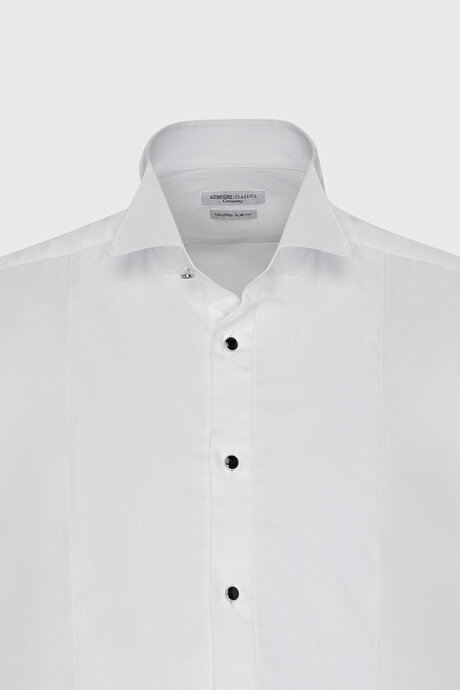 Slim Fit Dar Kesim Ata Yaka Kolay Kırışmayan %100 Pamuk Beyaz Gömlek resmi