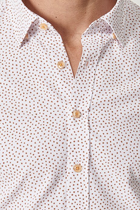 Slim Fit Dar Kesim Düğmeli Yaka Baskılı Beyaz-Turuncu Gömlek resmi