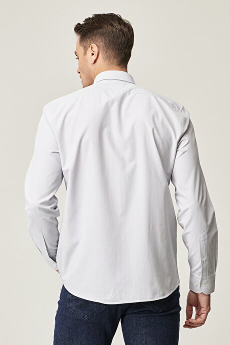 Slim Fit Dar Kesim Düğmeli Yaka Pötikareli Beyaz-Gri Gömlek resmi