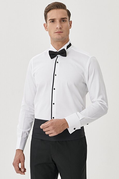 Damatlık Ata Yaka Tailored Slim Fit Beyaz-Siyah Gömlek resmi