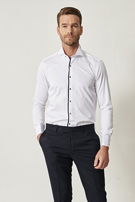 Damatlık Ata Yaka Tailored Slim Fit Beyaz-Lacivert Gömlek resmi