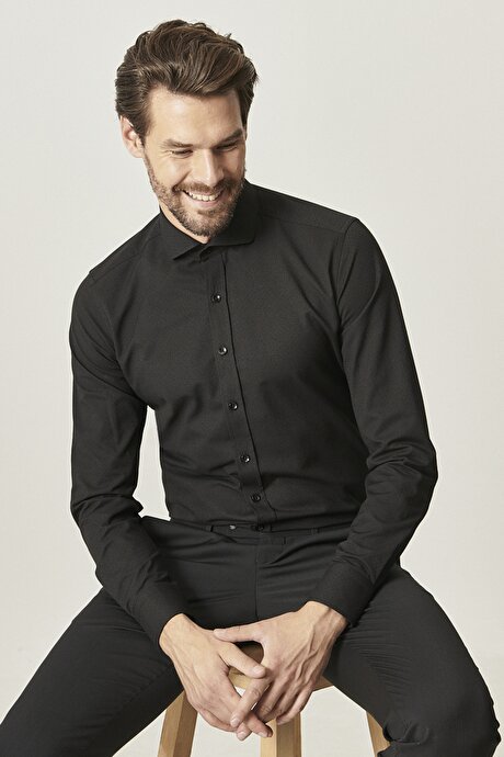 Slim Fit Dar Kesim İtalyan Yaka Armürlü Siyah Gömlek resmi