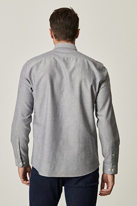 Tailored Slim Fit Dar Kesim Düğmeli Yaka %100 Pamuk Oxford Koyu Gri Gömlek resmi