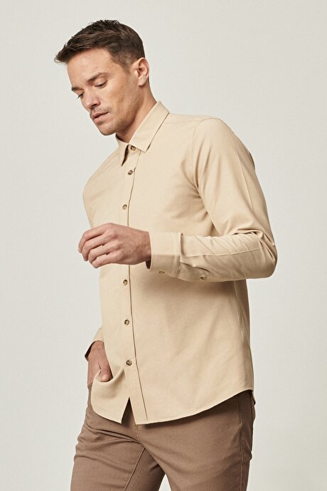 Düğmeli Yaka Tailored Slim Fit Dar Kesim Oxford Bej Gömlek resmi