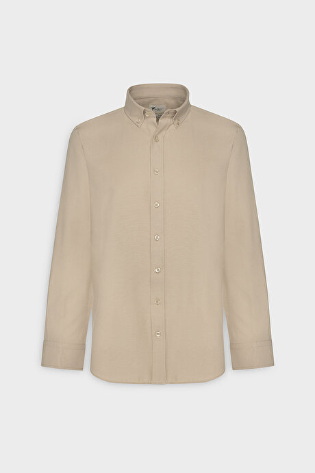 Düğmeli Yaka Kolay Ütülenebilir Pamuklu Slim Fit Dar Kesim Oxford Bej Gömlek resmi